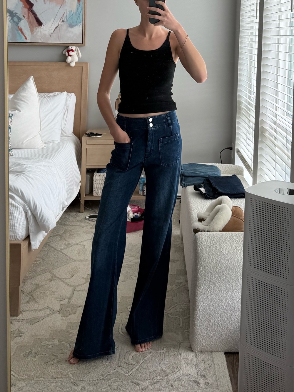 Anthropologie Dark Blue Wide-Leg Jeans with Front Patch Pockets